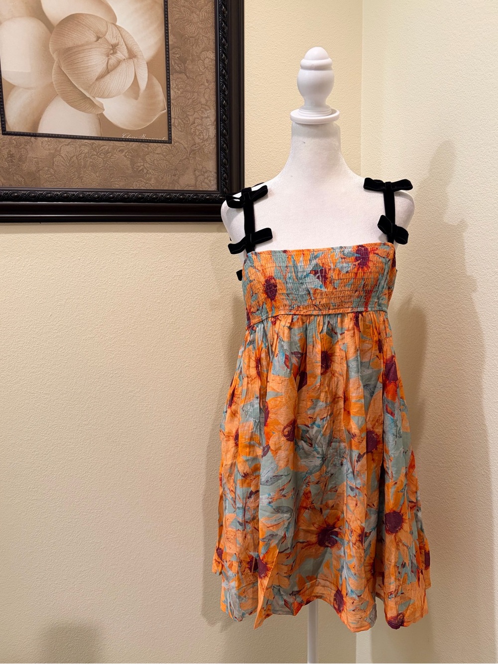 Meet Me In Santorini Orange Floral Smocked Mini Dress with lining size S NWT